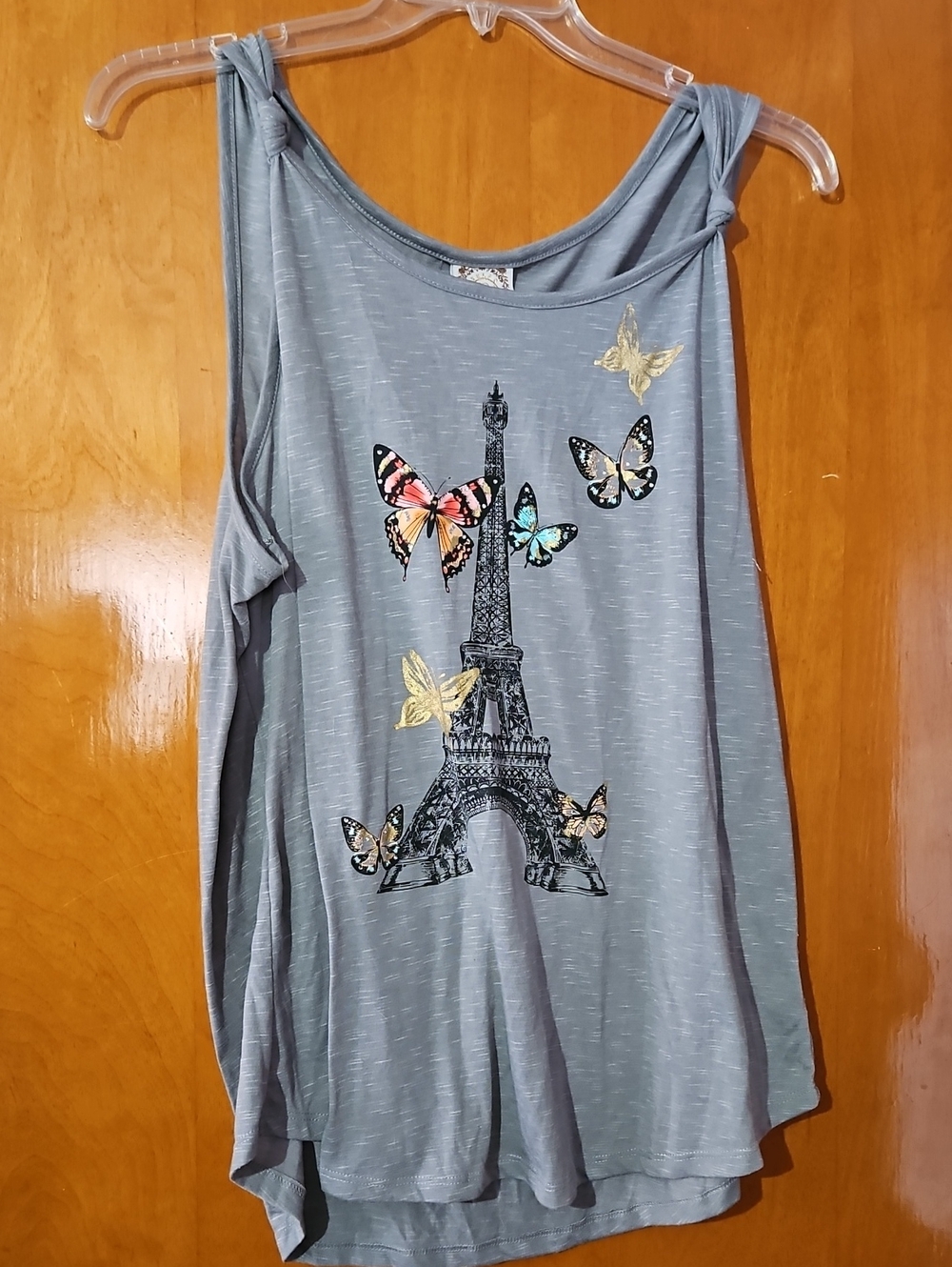Blue Cold-Shoulder Tank Top with Eiffel Tower & Butterfly Print